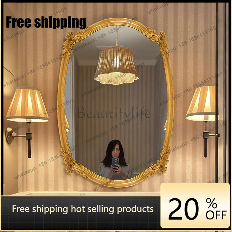 LD European retro oval makeup mirror gold wall-mounted carved bathroom wash mirror