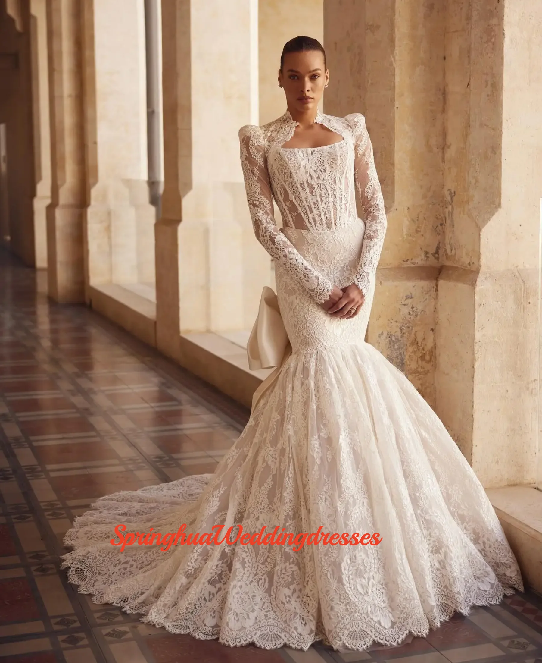 Customzied Manga Larga Cuello Alto Encaje Sereia 2 En 1 Vestidos Wedding Dress Boda Women Vestido de novia