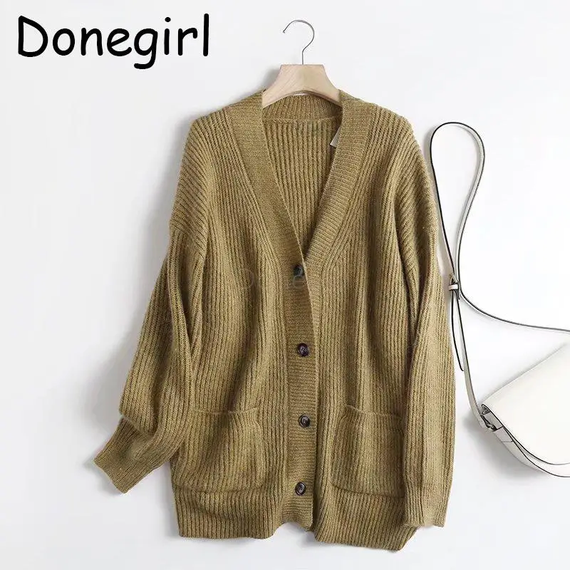 Donegirl donna 2023 moda nuovo autunno inverno solido monopetto cardigan cappotto lungo allentato maglione lavorato a maglia top femminile Chic