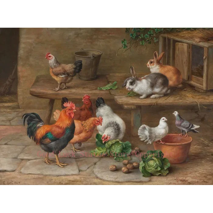 Special offer-30 inches # TOP home Decor art -Poultry Cock rooster Rabbit dove art oil painting on canvas- -good quality