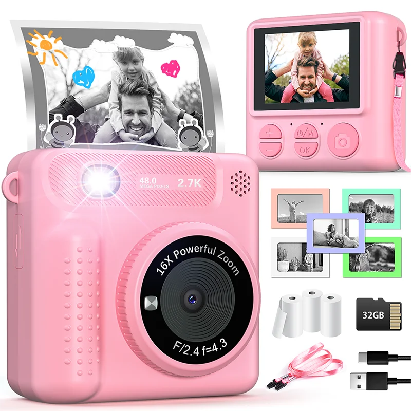 Appareil photo numérique à impression instantanée pour enfants, 12MP, 1080P, vidéo HD, photo imprimée, jouet portable, tout-petit, fille de 3 ans et plus, cadeau de Noël