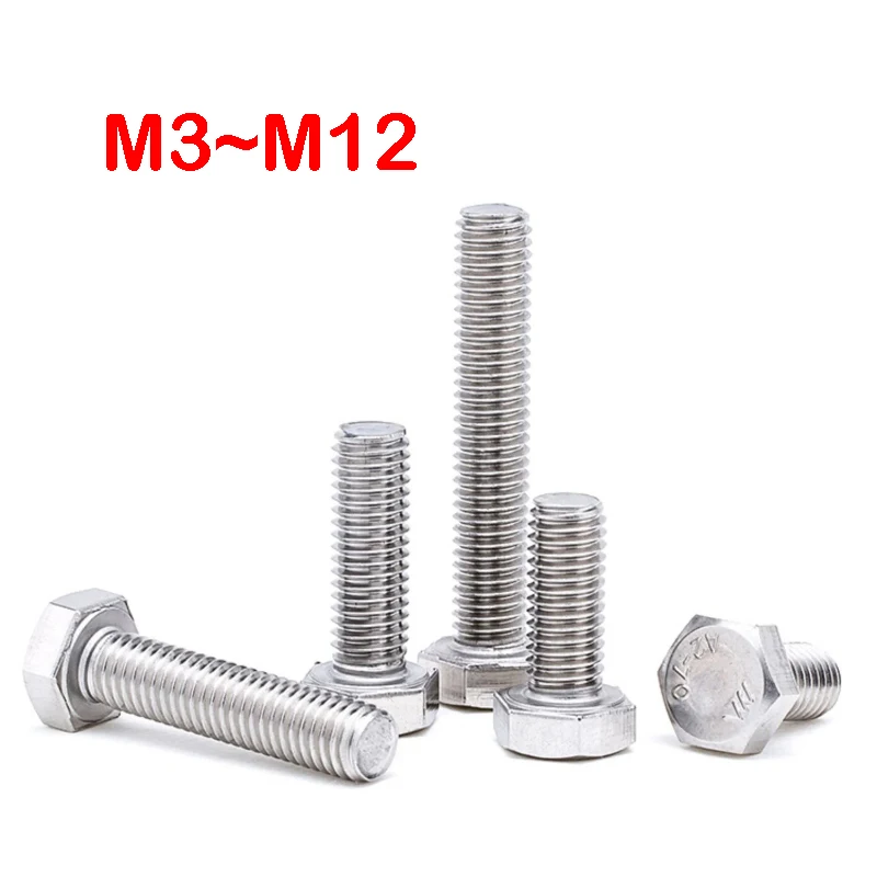 1~10Pcs 316 Stainless Steel Hex Head Bolt Full Thread M3 M4 M5 M6 M8 M10 M12 External Outside Hex Head Screw Metric Fasteners