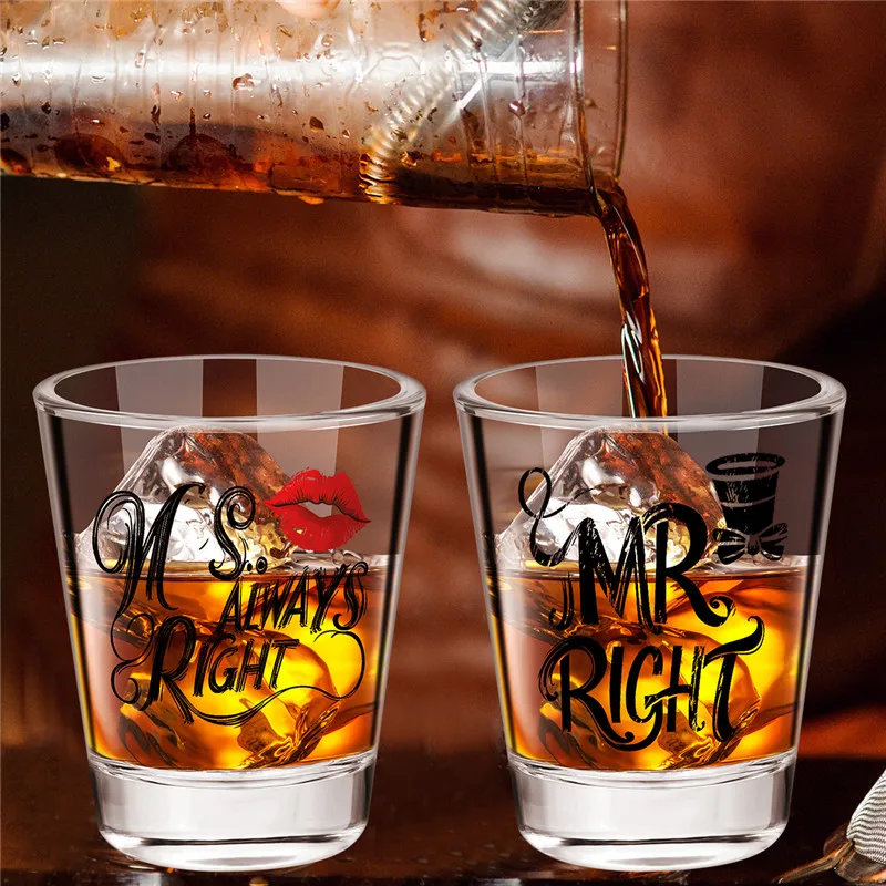 Funny Clear Couple Wine Cup 60ml/2oz Shot Glasses Ms Always Right Mr Right Design Cup Valentine's Day/Anniversary/Wedding Gift