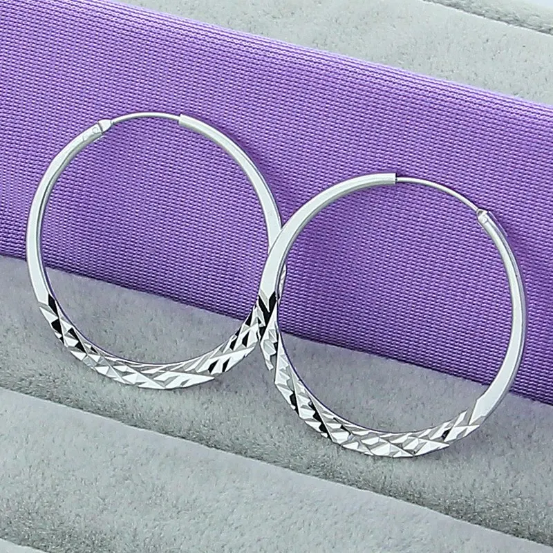 

925 Sterling Silver Round 50mm Hoop Earring For Woman Luxury Fashion Charm Jewelry Gifts