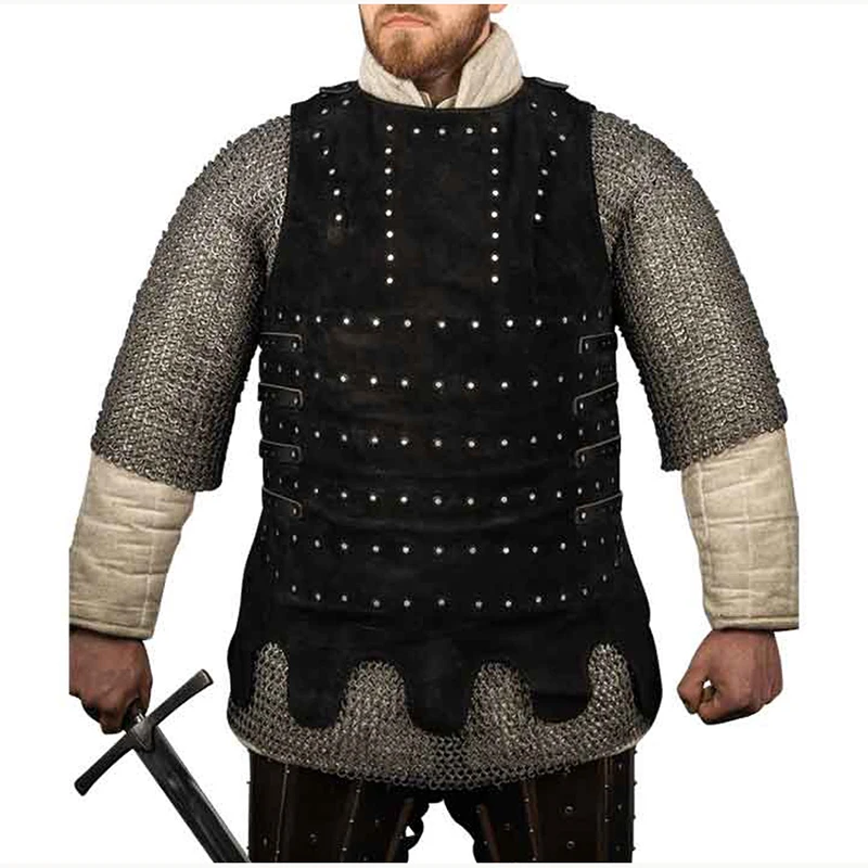 Mittelalterliche Steampunk Weste Brigandine Mantel Ritter Cosplay Kostüm Erwachsene Brust Körper Rüstung Wildleder Larp Outfit Wamswurf Wappenrock für Männer