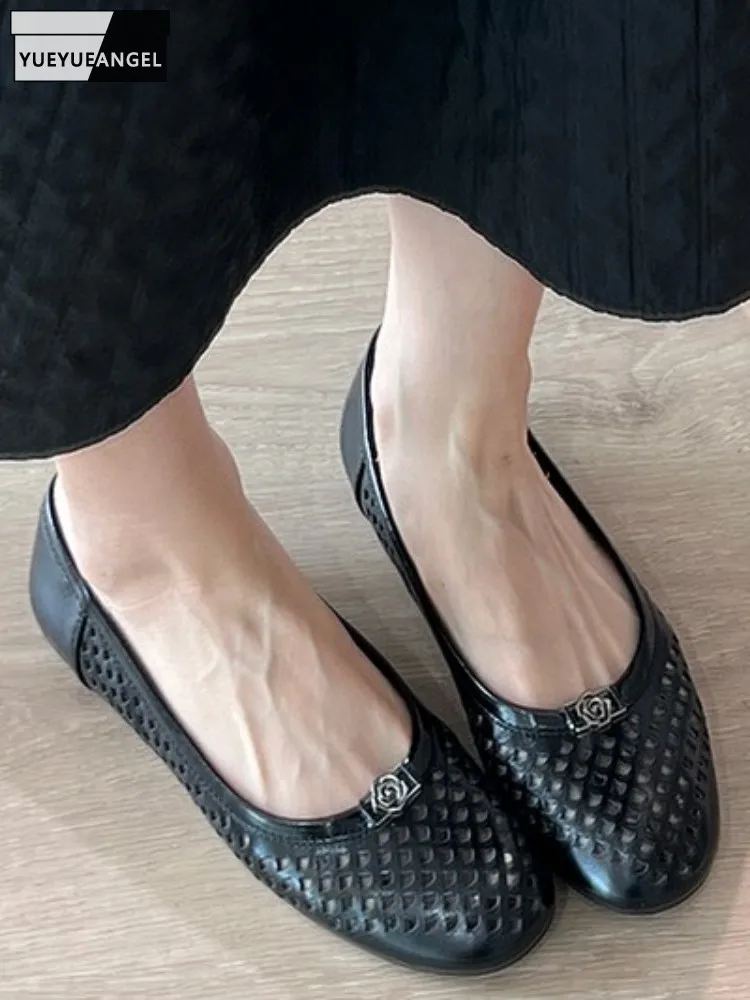 

Leisure Ladies Style Cowhide Hollow Out Metal Daily Wear Low-Heel Round Toe Slip On Solid Color Handmade Genuine Leather Flats