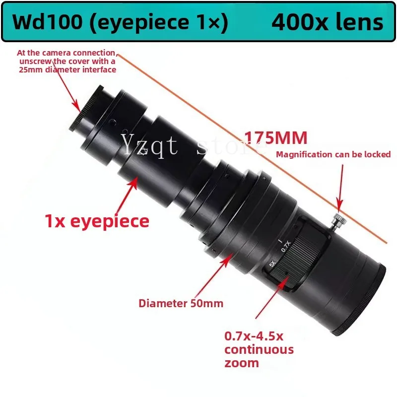 Microscope homogeneity WD100 industrial camera lens 0.7-5 X card position adjustment magnification 200-400 times continuous
