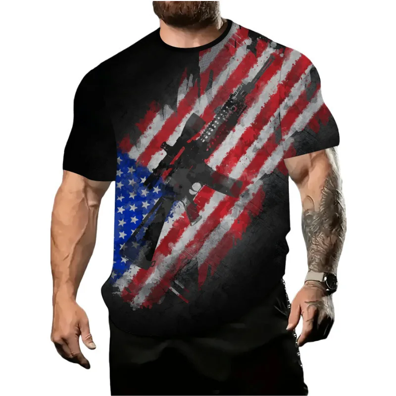 Men's T-shirt with 3D American flag print, star-spangled short sleeve, comfortable casual sports top for men