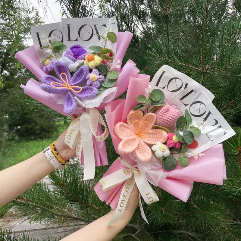 الانتهاء من محبوك روز عباد الشمس قرنفل الكروشيه اليدوية باقات عيد الحب عيد الأم هدية التخرج