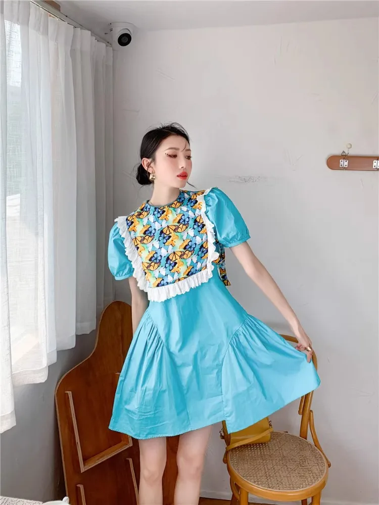 Korobov Vintage Gentle Bubble Sleeves Hollowed-out Long Dress Lace-up Short Dress Fold Design Female Vestidos Summer Niche Skirt