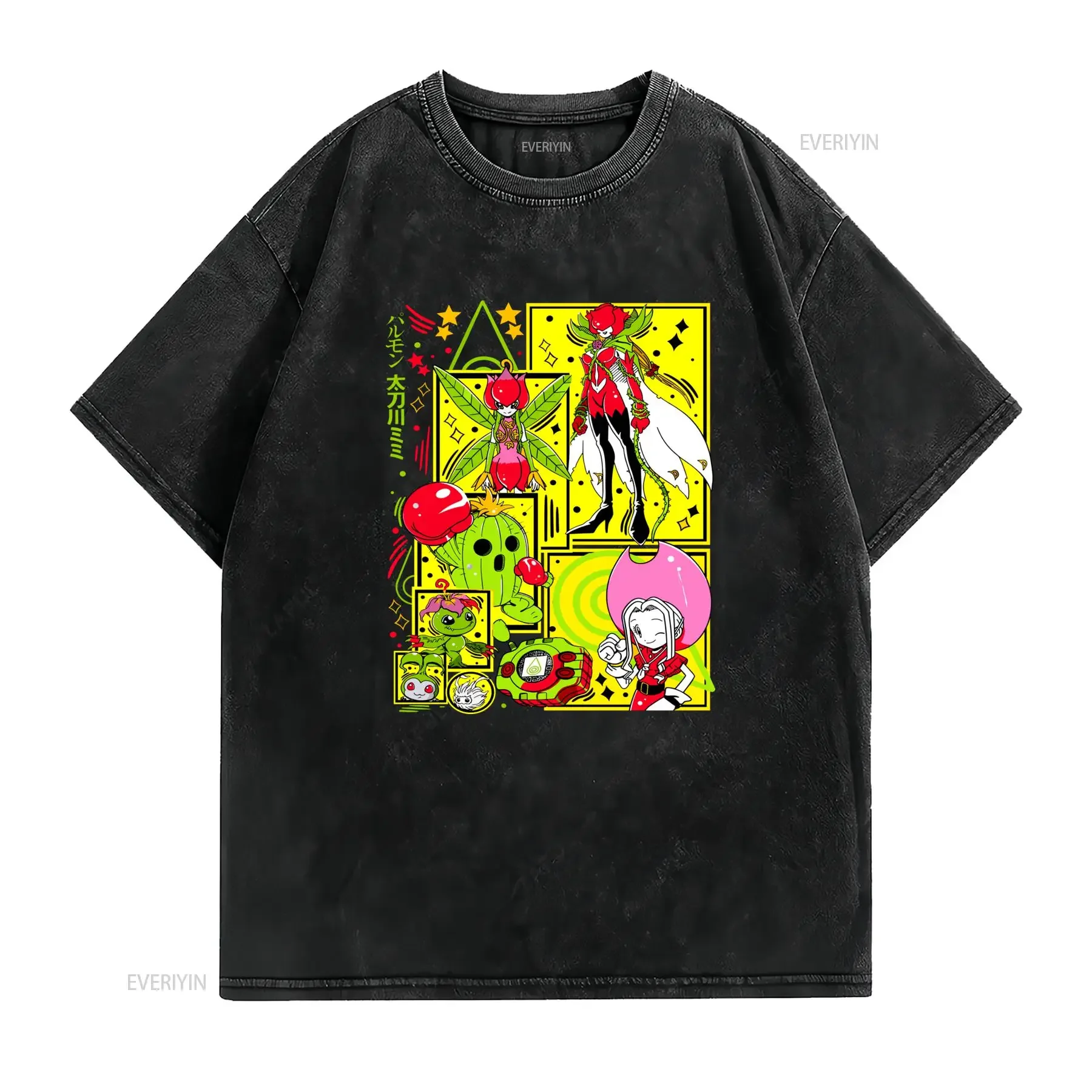 90s Retro Cartoon Digimon Mimi Palmon Evolution Chain Print Casual T Shirt vintage Washed Versatile Breathable streetwear