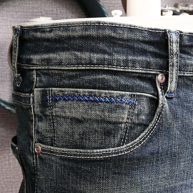 Fashion Trends Designer Men Jeans Retro Blue Elastic Stretch Slim Ripped Jeans Men Straight Trousers Vintage Denim Pants Hombre