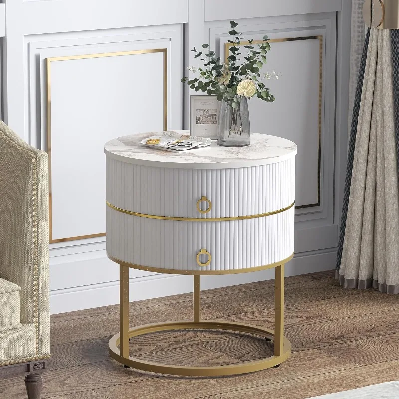 

Marble End Table with Storage, Round Nightstand with Drawer, White and Gold Side Table Metal Legs for Bedroom Living Room,