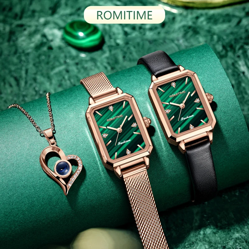 

ROMITIME Женские часы Модный зеленый квадратный циферблат с сеткой/кожаным ремешком Кварцевый механизм Водонепроницаемый Идеальный выбор подарка