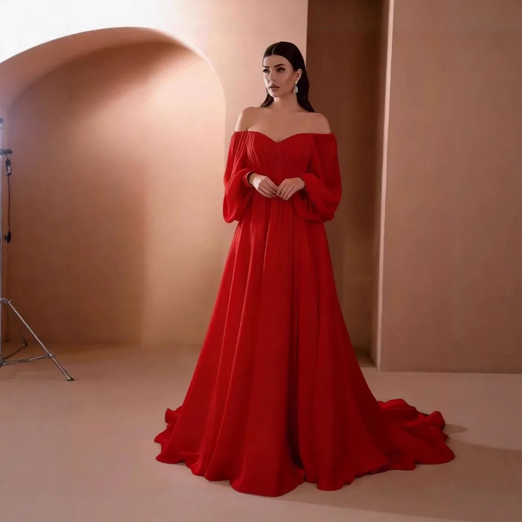 Langes Damenkleid, schulterfrei, langärmelig, Chiffon-Kleid, Hochzeit, Brautjungfer, Partykleid