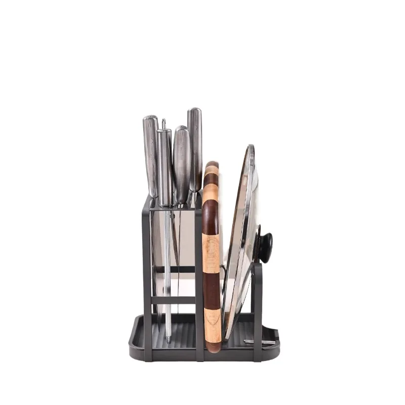 All-in-One Kitchen Knife Holder with Cutting Board Pot Lid and Chopstick Slots Stainless Steel Countertop Storage Organizer Rack