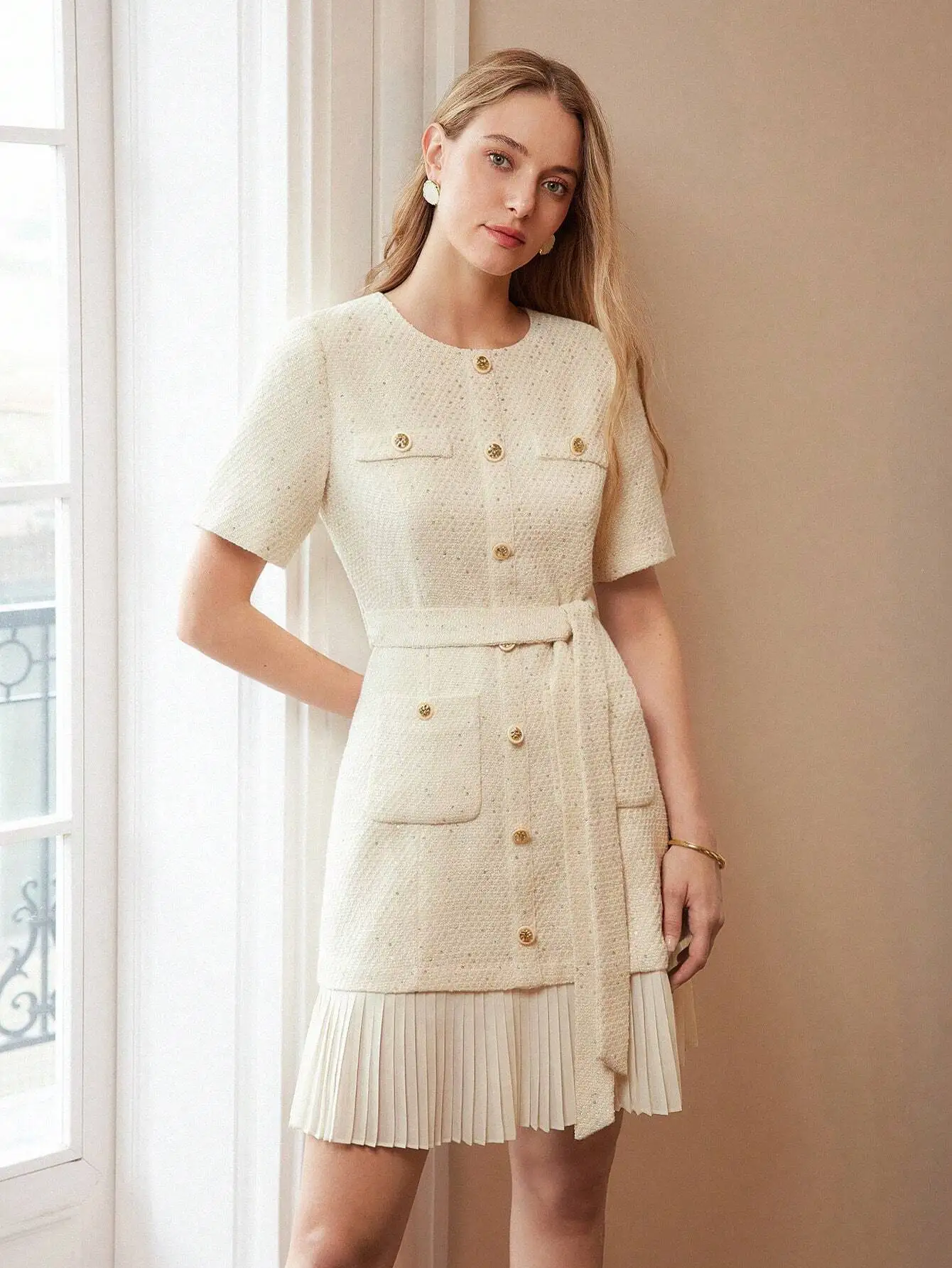 

Tweed Short Dress With Gold Buttons Patch Pockets Pleated Hem Belted