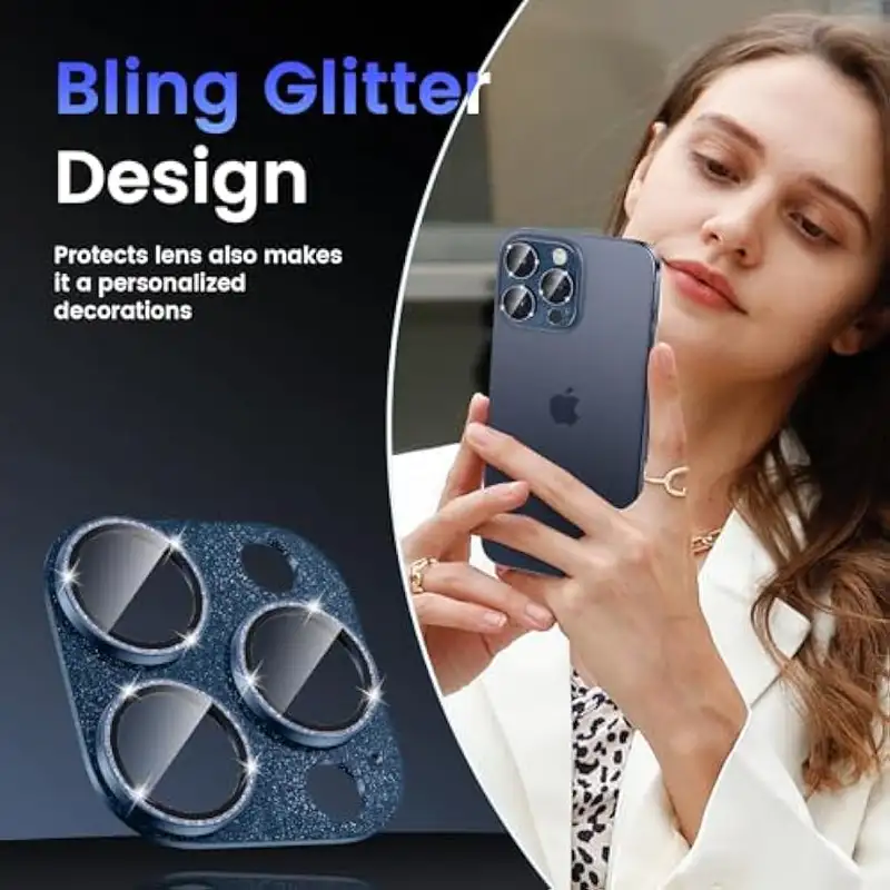 Bling Metal 9H Tempered Glass Camera Protector for iPhone 15 Pro Max Plus 14 Glitter Alloy Shield Lens Rings Cap Full Cover Film - Image 2