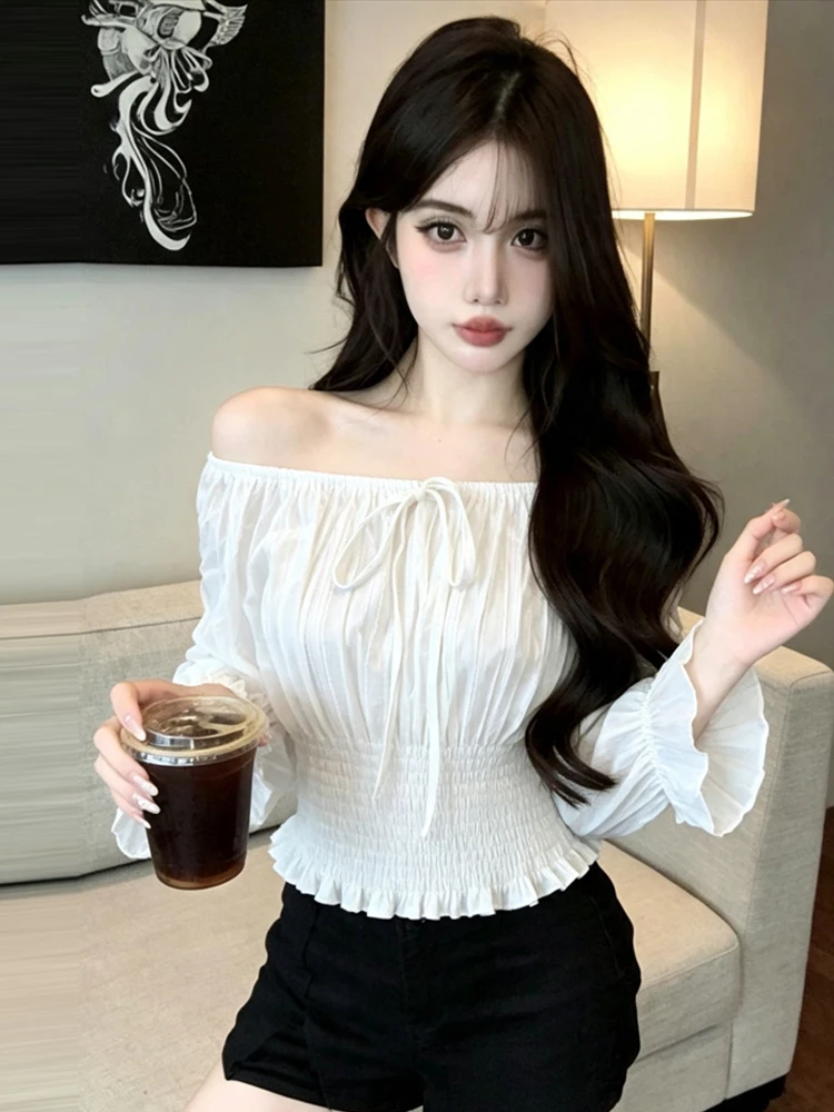 Slimming Long Sleeve T-Shirt Sweet Style One-Shoulder Bow-Knot Versatile Commute Outerwear Chic Personality Women's Top