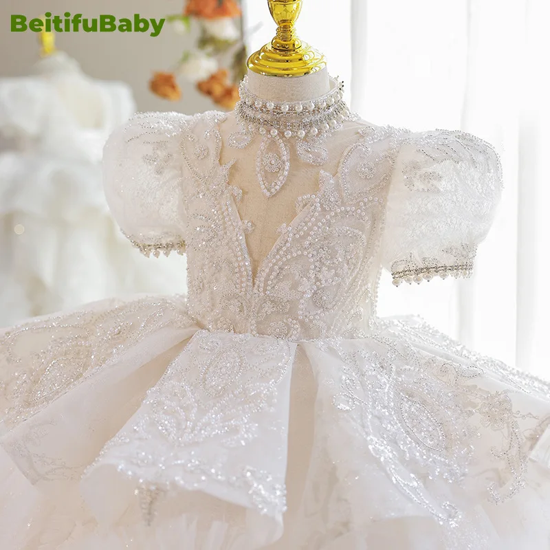 Beitifu Baby-Robes de demoiselle d'honneur pour filles, robe de Rhà plusieurs niveaux, style princesse, perles et paillettes, manches courtes, fête de mariage, éducatif