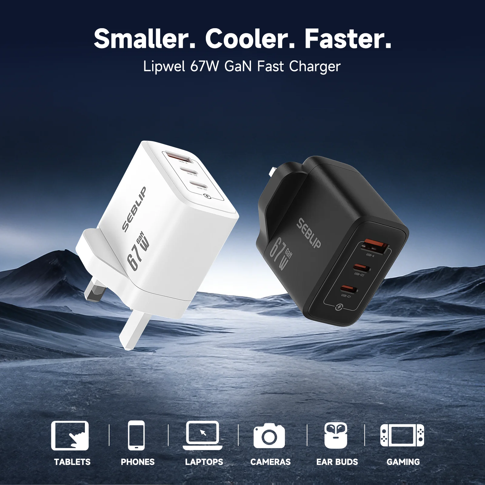 

Fast Charging 67W GaN Charger UK Plug, 3-in-1 2 USB C, 1 USB A ports for Samsung S22 & S24 Series Laptops Daily Use & Travel