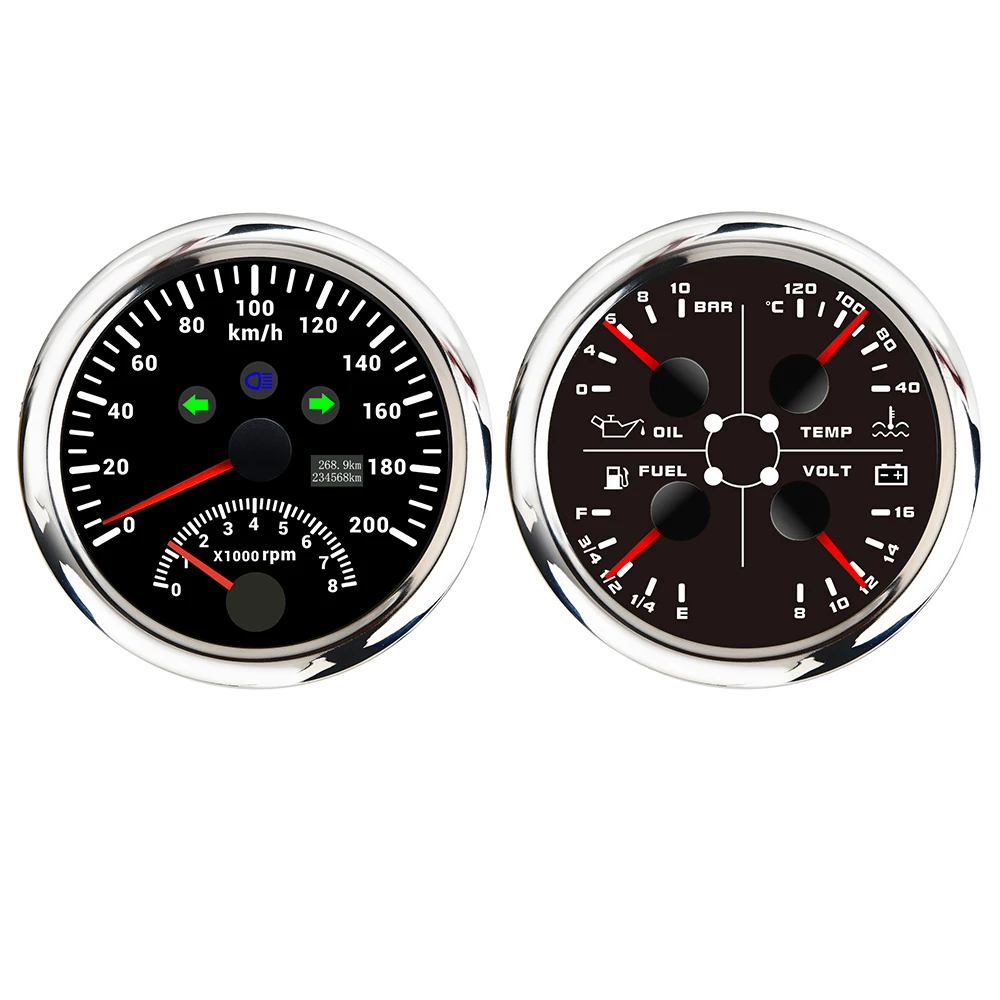 ELING 85mm 4 in 1 Oil Pressure Water Temp Fuel Level Volt Gauge With 120 200 KM MPH GPS Speedometer Tachometer for Car Marine