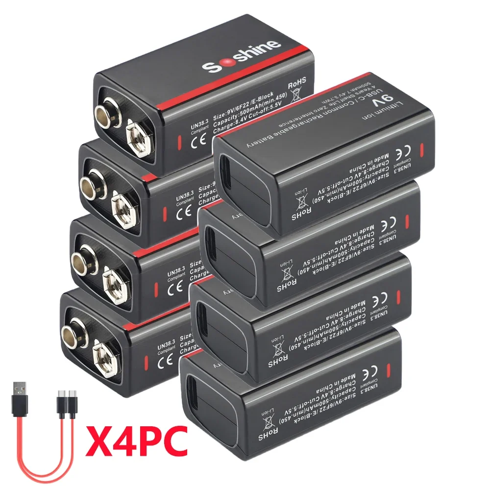 Soshine 500mAh USB-lithiumbatterij 9V 500mAh Lage zelfontlading Li-ion oplaadbare batterij 4 jaar houdbaarheid 4LED Power Display