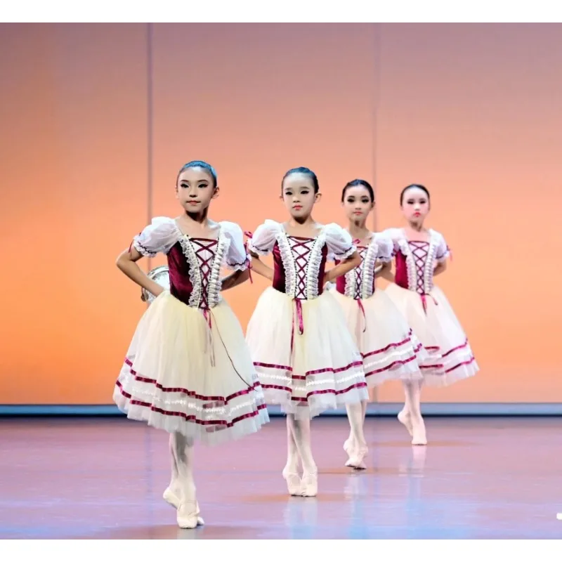Giselle balletjurk professionele prestatie-outfit voor kinderen, rode lange chiffonjurk, pluizige rok, balletvoorstelling-outfit