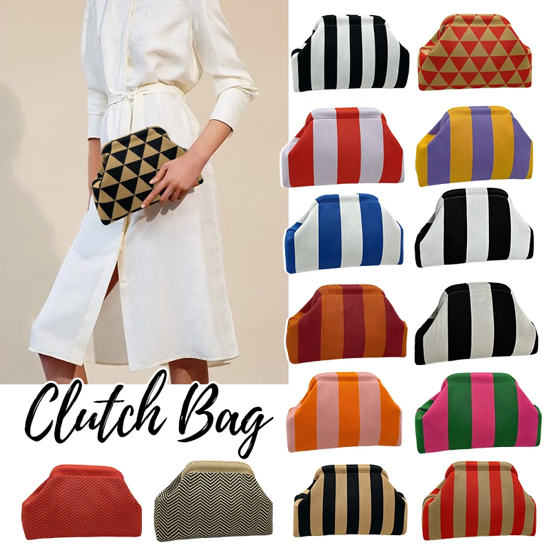 

Women Knit Stripe Purse Contrast Crochet Handbag Knitting Dumpling Clutch Summer Beach Clutch Bag Cloud Casual Colorblock Bags