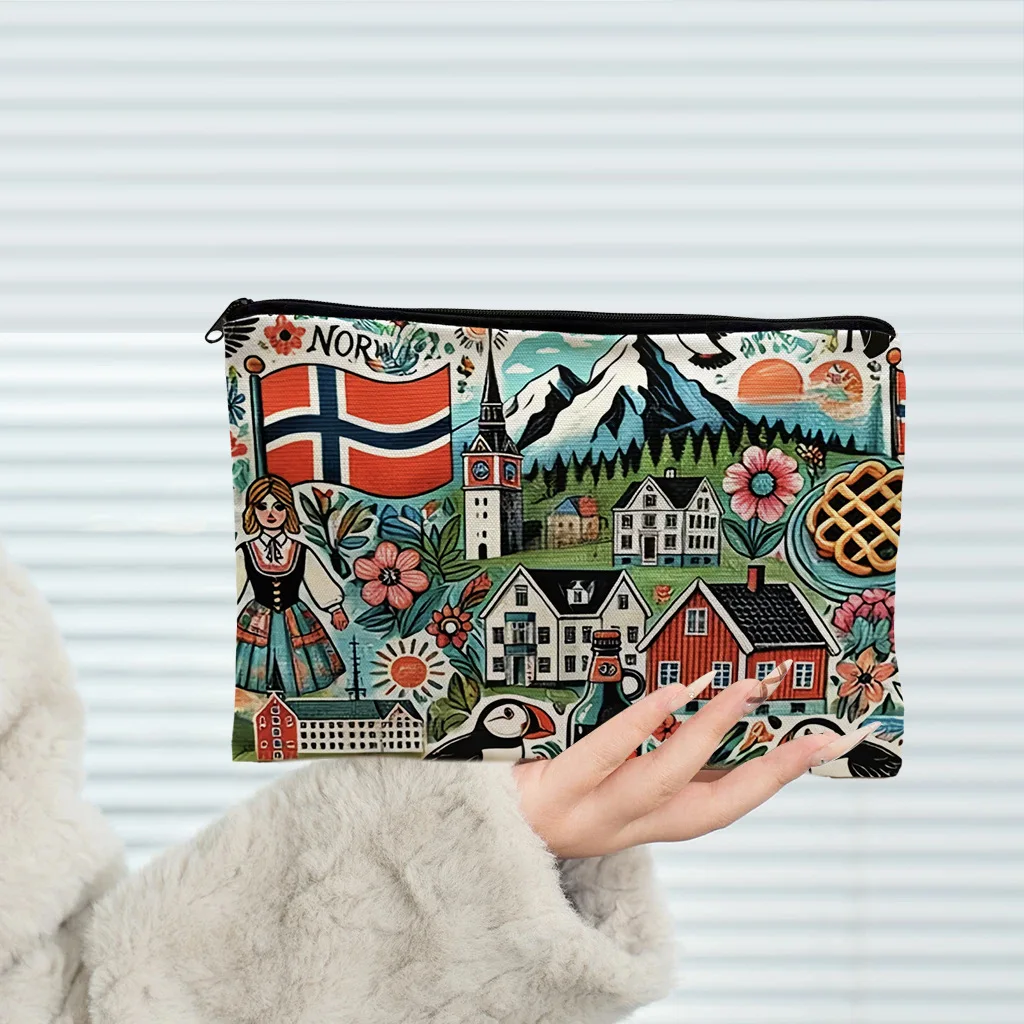 Norway Flag Folk Culture Landscape Print Makeup Bag Vintage Norwegian Scenery Zipper Cosmetic Pouch Travel Storage Purse