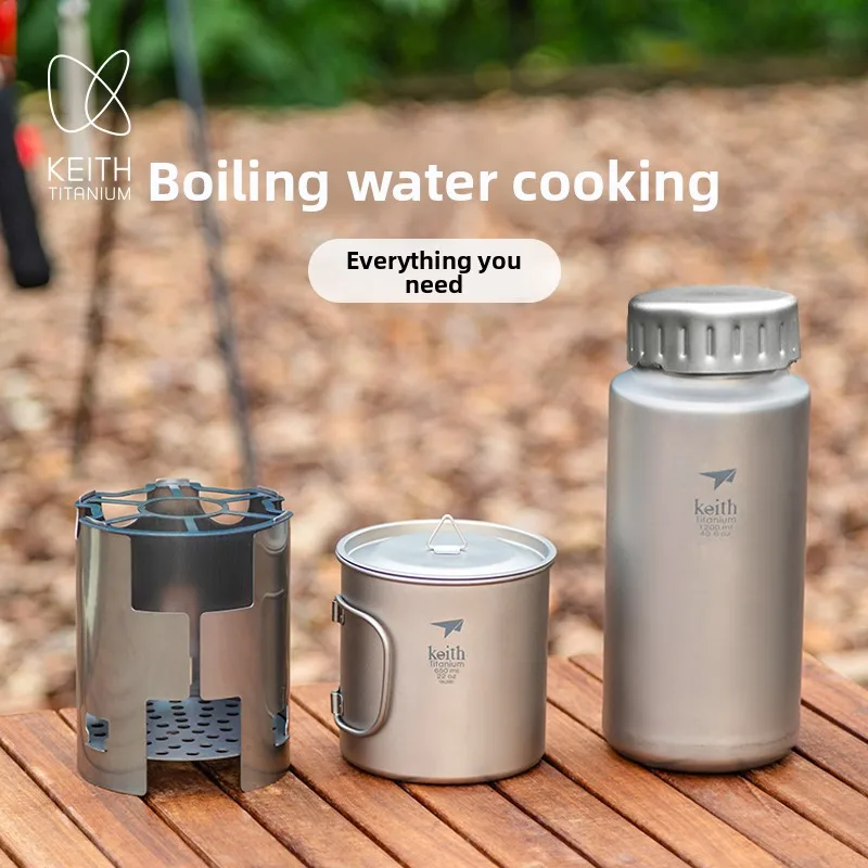 KEITH Set de Campamento de Titanio - Botella de Titanio Ultraligera Sin Plástico y Estufa de Madera con Bolsa de Lona