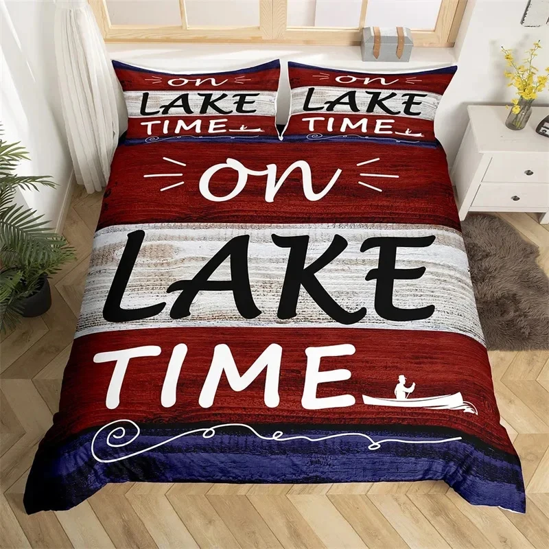 Paddle Duvet Cover Set Rustic Farmhouse Bedding Set Polyester Lake House Wooden Stripe Comforter Cover Nautical Lake Quilt Cover