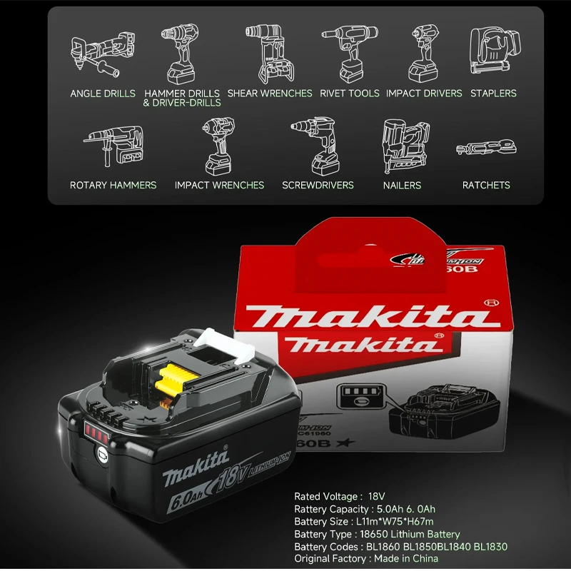 

Makita 18V 6.0Ah Battery Genuine Original for LXT400 Tools Drill Compatible with BL1860 BL1830 BL1815 BL1840 Models