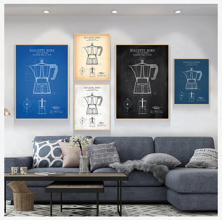 Pôster de Pintura em Tela, Imagem Artística de Planta de Cafeteira, Decoração de Parede para Cozinha, Pôsteres e Gravuras de Patente de Cafeteira, Bialetti Moka