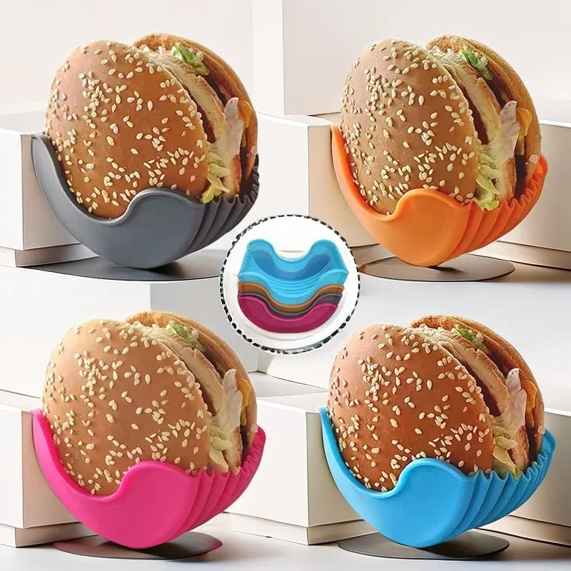4pcs Retractable Hamburger Holders Hamburger Fixed Box Sandwich Burger Clip Rack Washable Silicone French Fry Hamburger Sauce