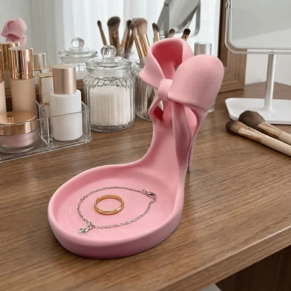 

3D Printed High Heel Jewelry Tray Mini Elegant Jewelry Storage Tray INS with Bow Decoration Mini Key Stand Photography Props