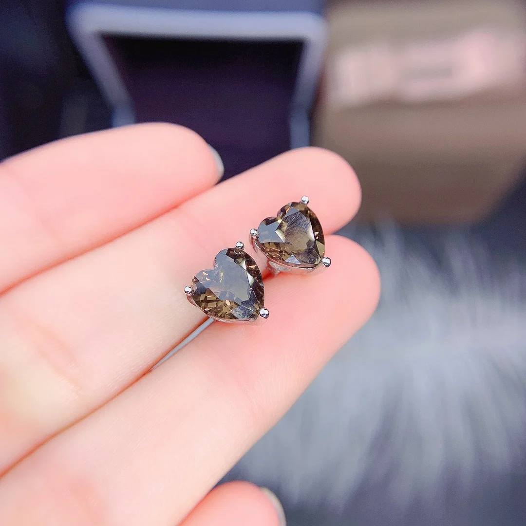 

Natural Smoky Quartz Heart Earrings 925 Sterling Silver Women's Stud Earrings For Gift