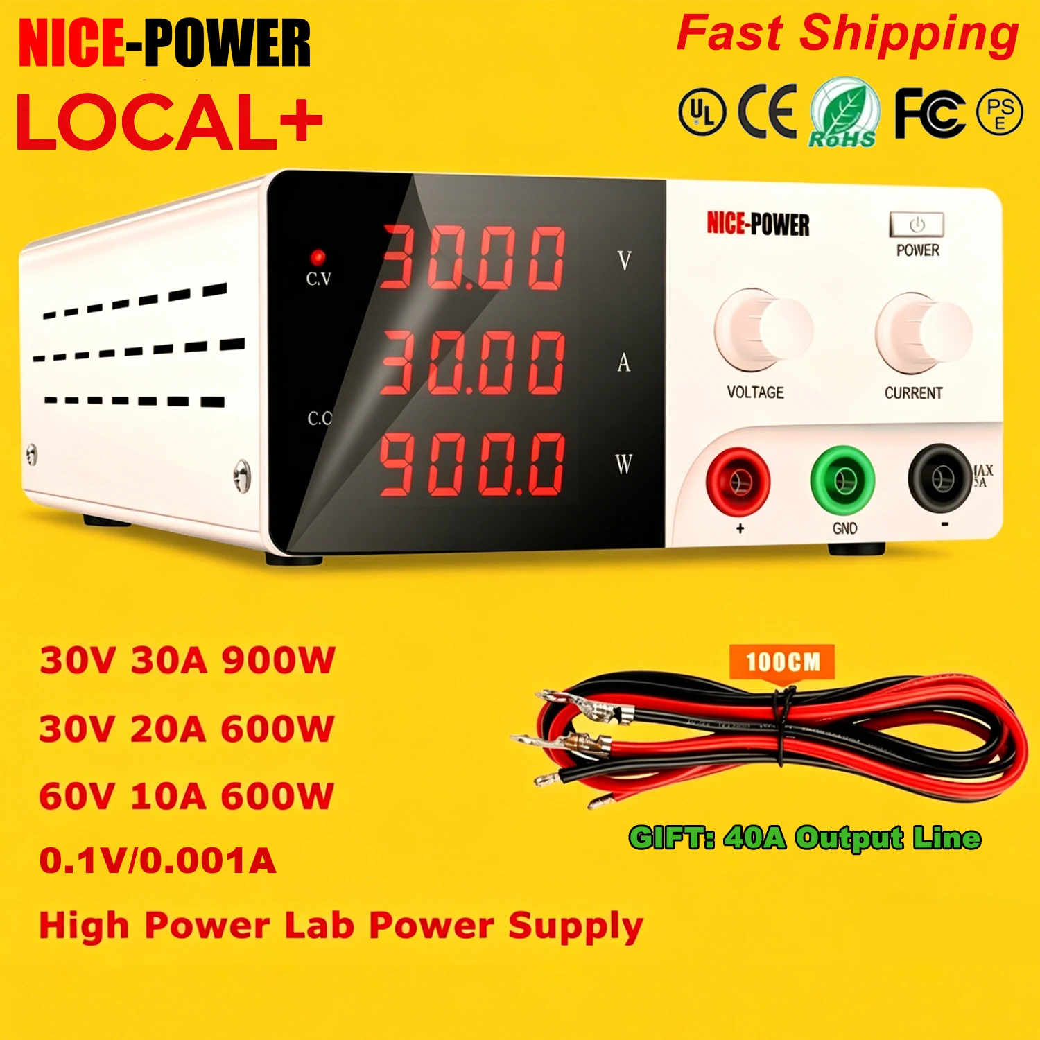 NICE-POWER Einstellbares Netzteil 30V 30A, Labornetzteil 60V 10A, 15V 60A, Hochleistungs-Schaltnetzteil 900W 12V 24V 36V 48V zum Batterieladen
