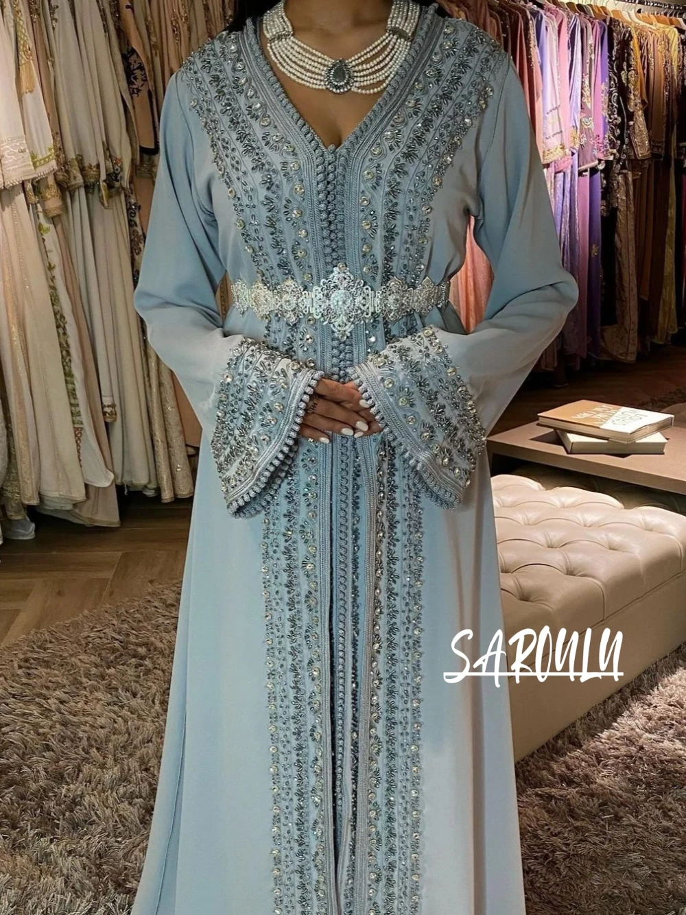 Kaftan Modern V-neck Gown Women Beaded Sequin Evening Dress Caftan Luxury A-line Bridal Dresses Customized Vestidos De Gala