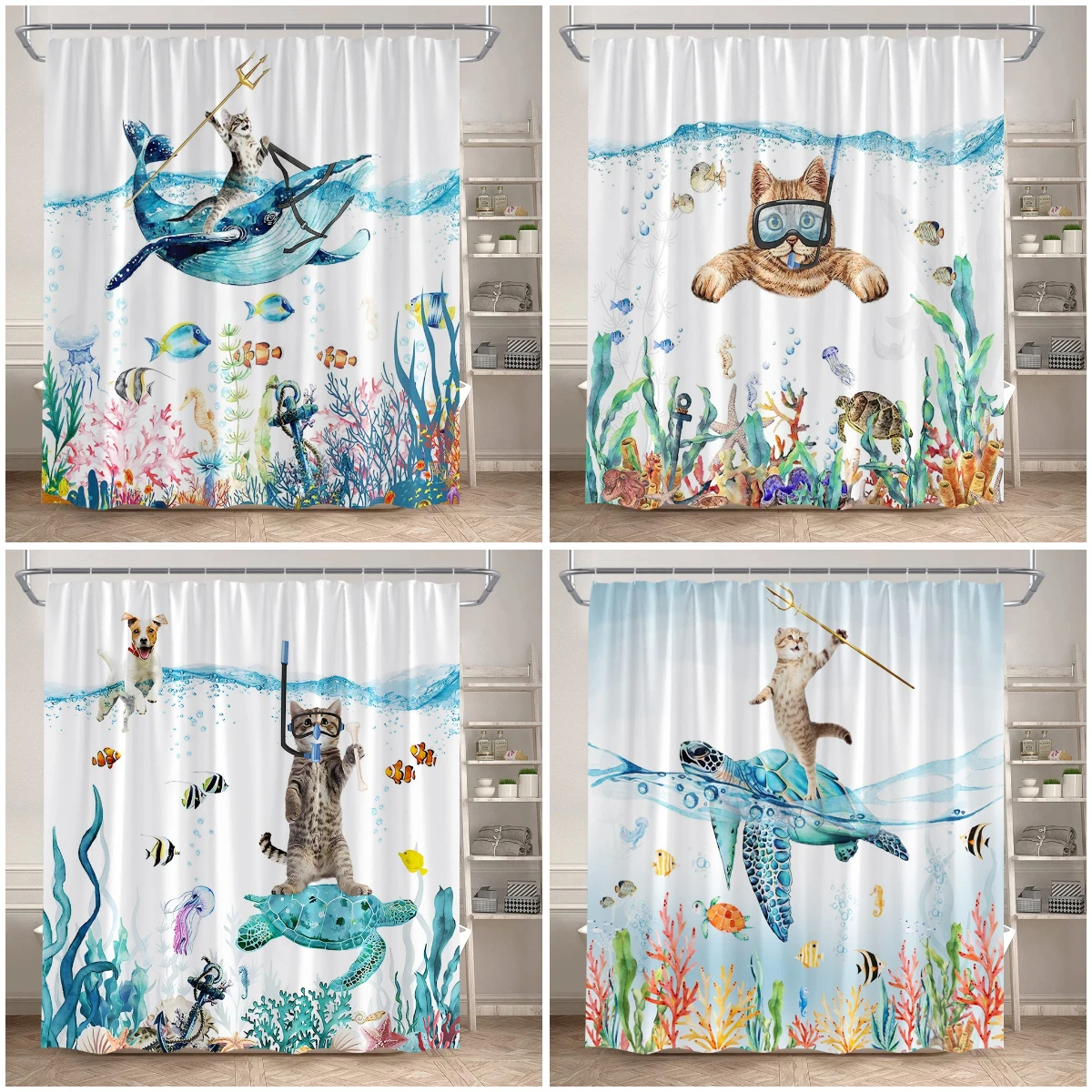 

Funny Animals Cartoon Shower Curtain Swimming Cats Cat Riding Turtle Undersea Bathroom Decorations Kids Bath Curtain with Hooks