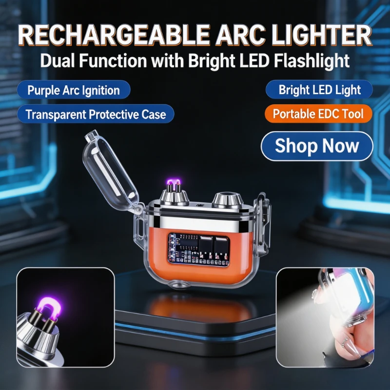 Mini Transparent Double Arc Electric Lighter,Waterproof Windproof USB Rechargeable Lighter for Hiking,Camping&Outdoor Activities