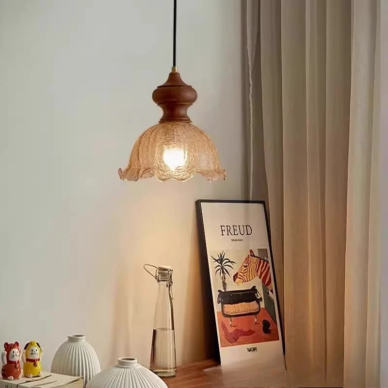 American Retro LED Pendant Lights Ice Crack Glass Wooden Ceiling Hanging Lamps Bedside Restaurant Bar Counter Home Decor Fixture