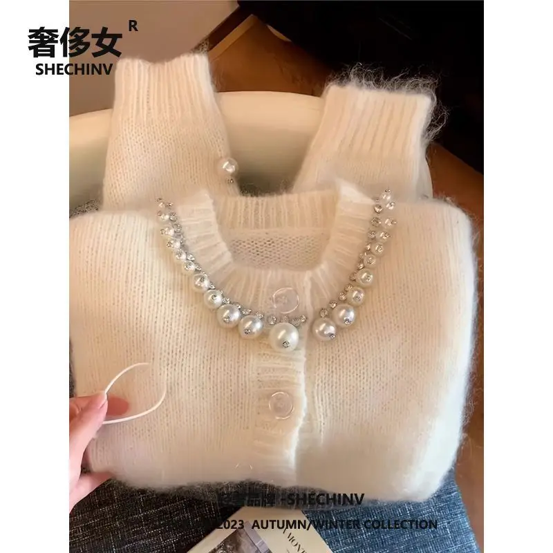 Korean version nail bead sweater women's autumn and winter new item small casual versatile outer knitted cardigan