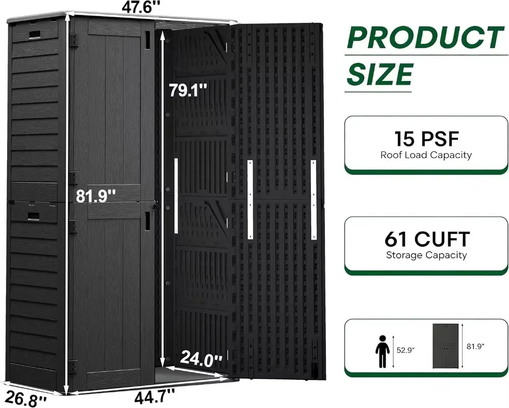 ^Tall Vertical Outdoor Storage Shed, 61 Cu Ft Waterproof Resin Storage Cabinet with Floor, All-Weather Garden Shed for Garage