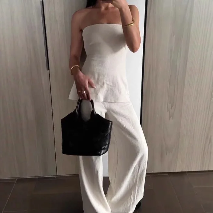 

Elegant Tube Tops Women's Pants Sets Backless Top Wide Leg Trousers New 2025 Spring Summer High Street Fashion 2 Pieces Suit