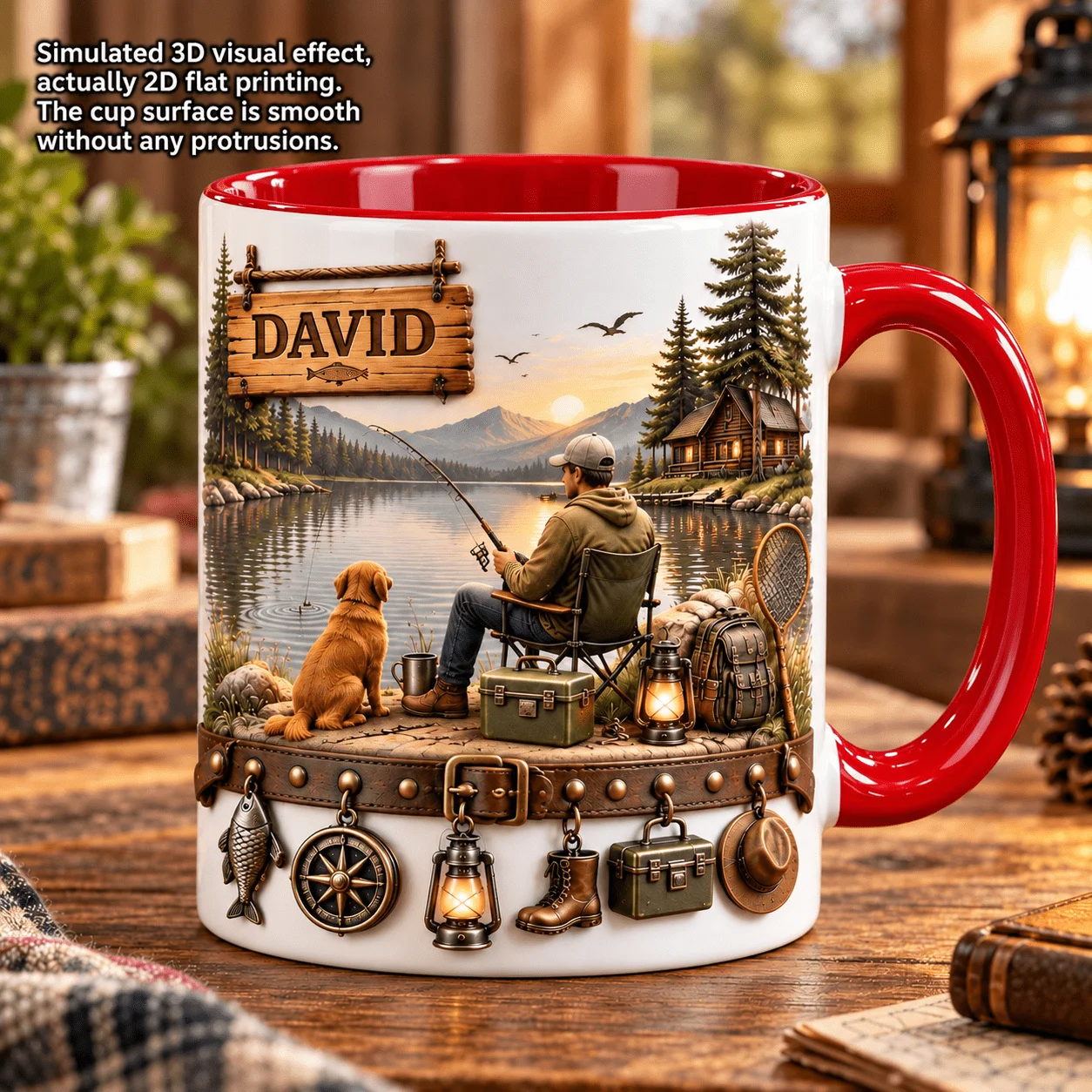 2D Flat Printing 1pc 11oz Custom Name Lakeside Fishing With Golden Retriever Mug, Outdoor Gift For Fishing Lover, Hand Wash Only