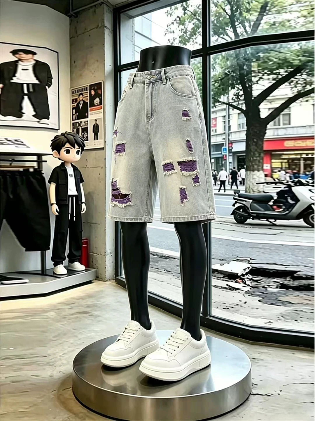 

Retro American Washed Denim Shorts Men's Loose Wide Leg Five-Point Pants Summer Casual Straight Cut Torn Color Block Shorts