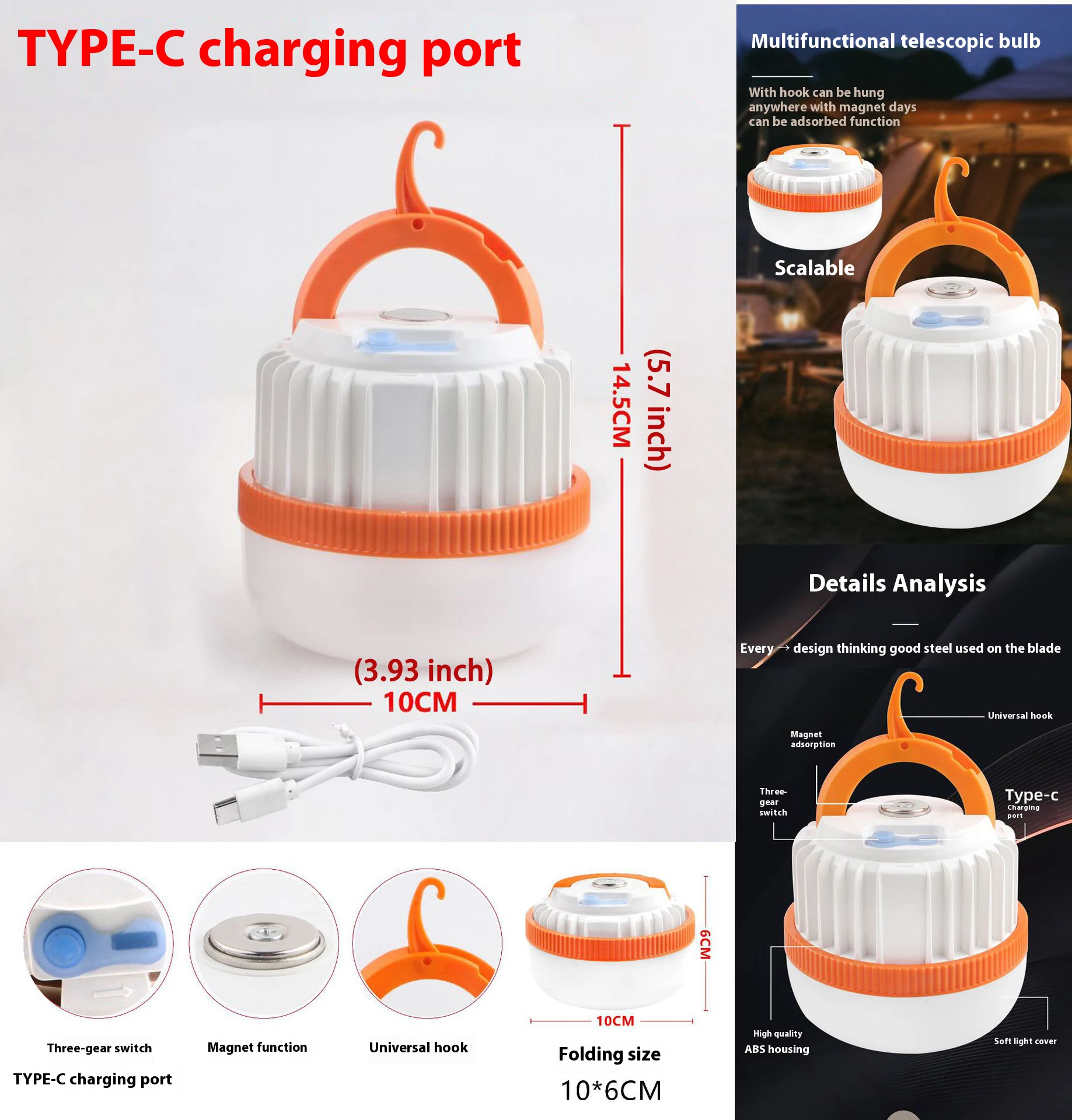 USB Lâmpada LED recarregável, Luz de acampamento portátil, Iluminação de emergência, Lanterna, Lâmpada, Piqueniques ao ar livre, Pendurado Tent