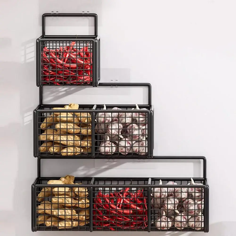Kitchen Wall Mounted Storage Rack Onion Ginger Garlic Condiments Spice Shelf Punch-Free Vegetable Fruit Drain Basket