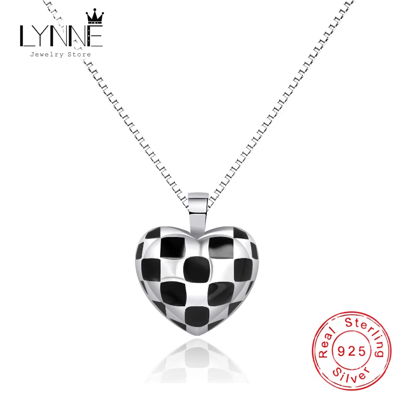 

New Fashion 925 Sterling Silver Black Grid Heart Pendant Neckalces Women&Girl Jewelry Gift Chessboard Design Love Choker Chain